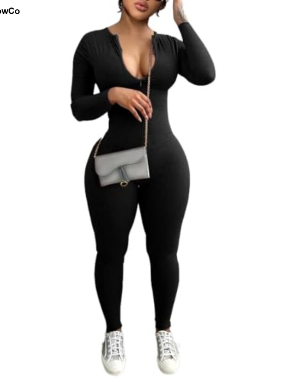 Women Long Sleeve Bodycon Jumpsuit Zip Up Romper One Piece